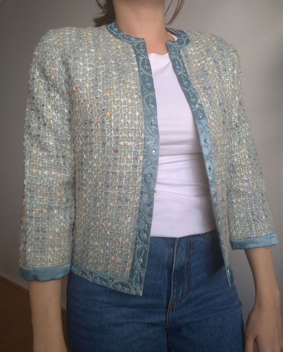 Blazer Tweed Azul Casaco Feminino Simulass O Nunca Usado