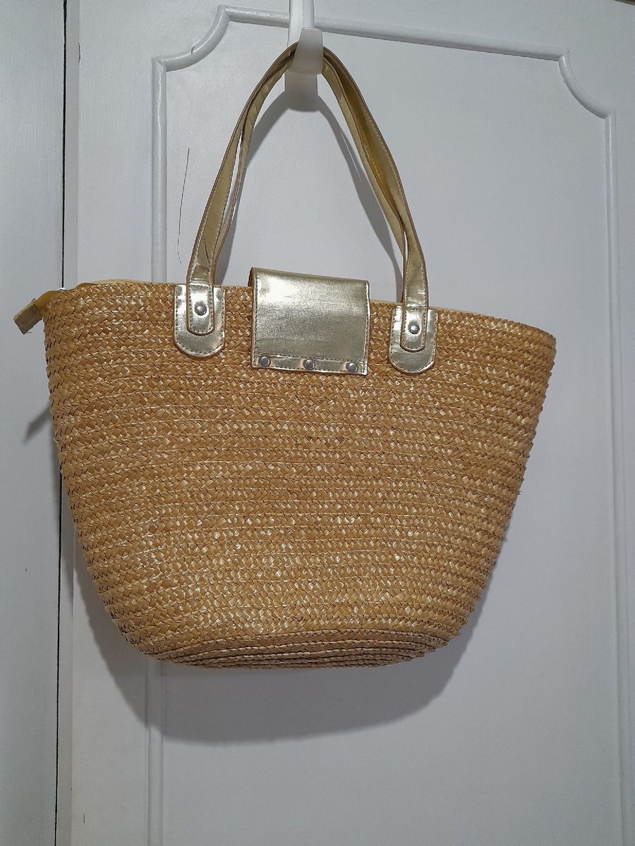 Bolsa De Praia Palha Detalhes Em Dourado Moda Praia Feminina Matiz