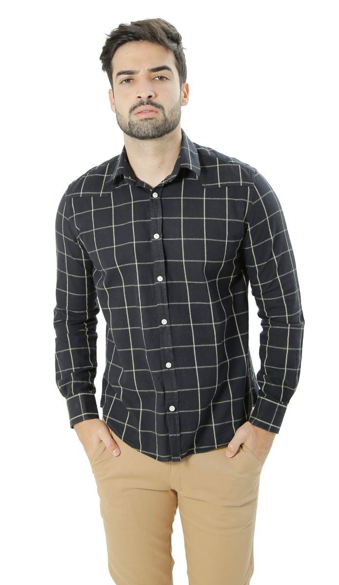 Camisa Masculina Manga Longa Slim Fit Em Algod O Flanelado Xadrez Preto