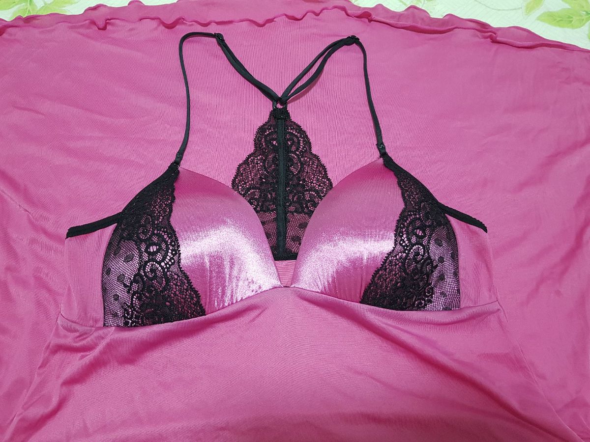 Camisola Pink Detalhes Em Renda Preta Demillus Lingerie Feminina Demillus Nunca Usado