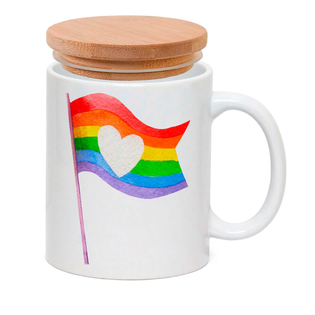 Caneca Porcelana Tampa Bambu Bandeira Mastro Arco Iris Lgbt Lgbtqia