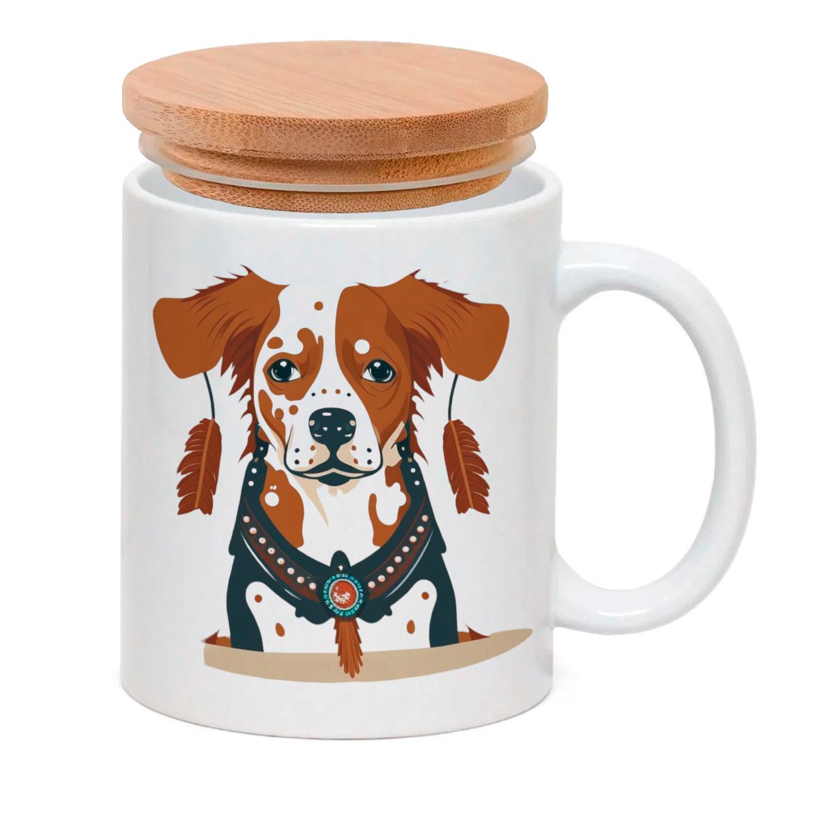 Caneca Porcelana Tampa Bambu Cachorro Indiano Bravo M Vel De