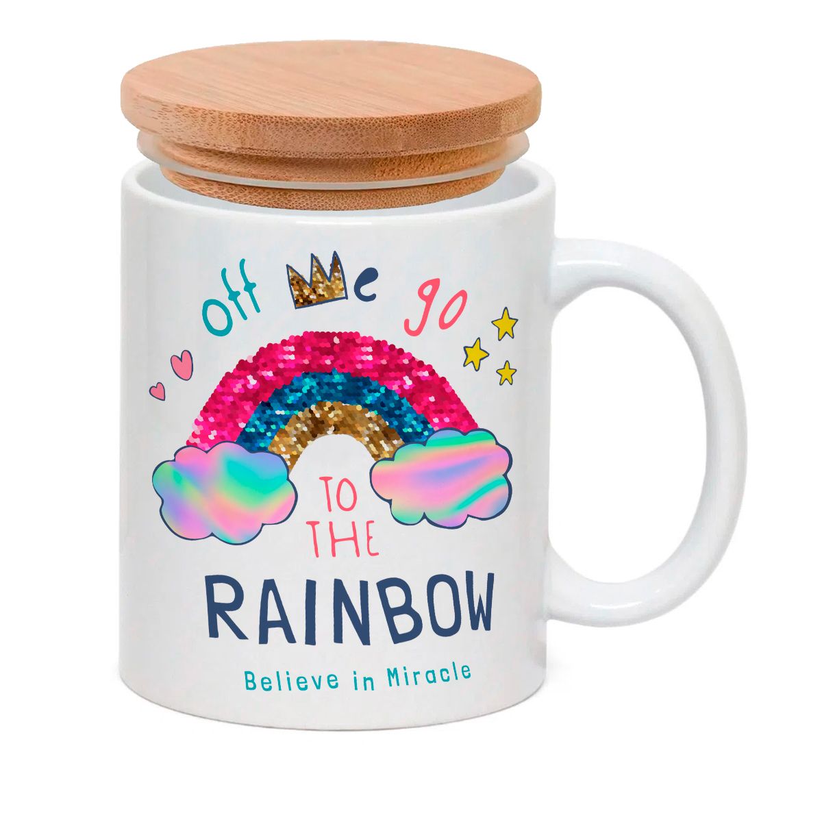 Caneca Porcelana Tampa Bambu Crianca Arco Iris Glitter Brilhante