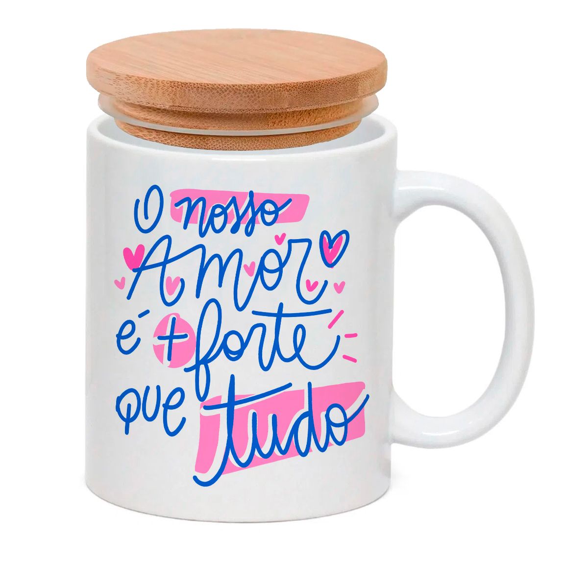 Caneca Porcelana Tampa Bambu O Nosso Amor Forte Tudo Azul Rosa