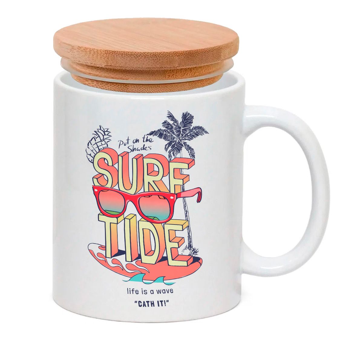 Caneca Porcelana Tampa Bambu Oculos Prancha Surf Tide Móvel de