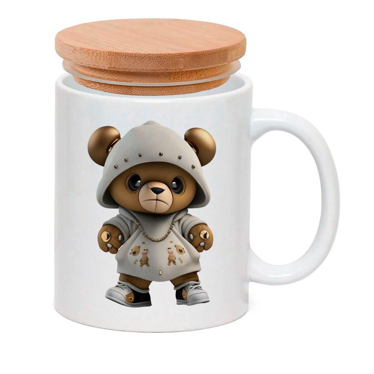 Caneca Porcelana Tampa Bambu Urso Teddy Menina Vestido Branco