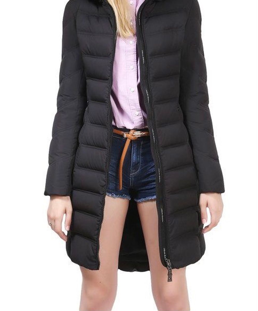 Casaco Puffer Down Alongada Acinturada Preto Casaco Feminino Shein