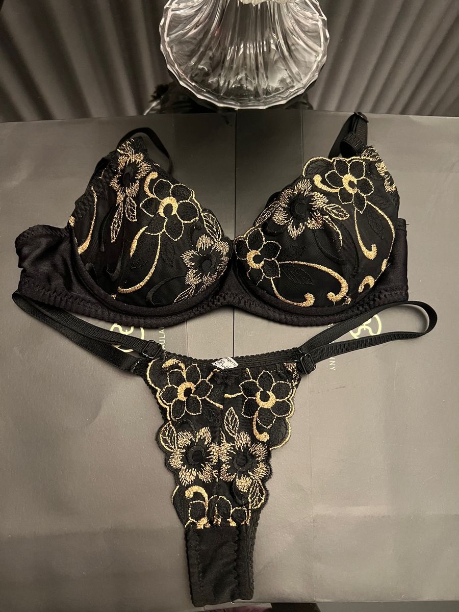 Conjunto De Calcinha E Suti Preto Dourado Lingerie Feminina