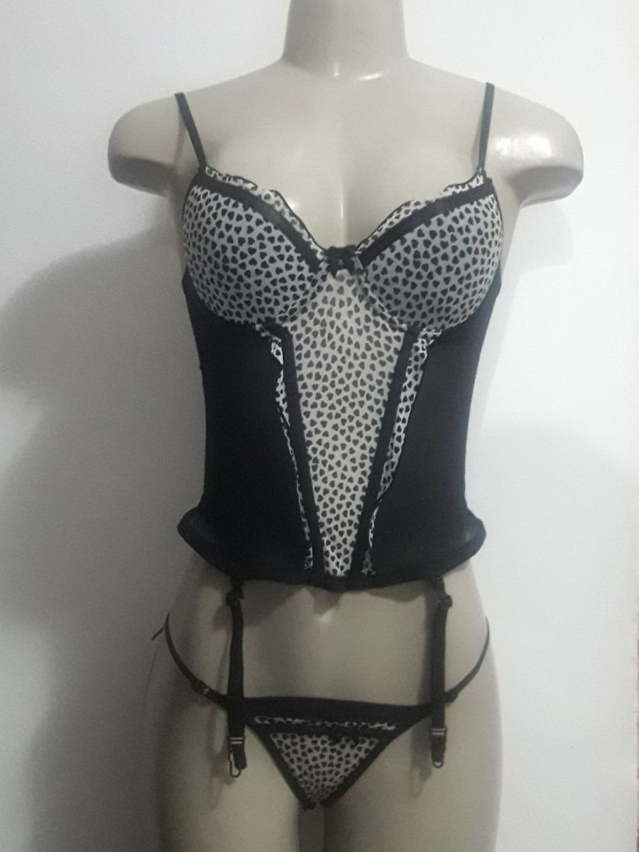 Conjunto De Corpete E Calcinha Preto E Branco Lingerie Feminina Nunca