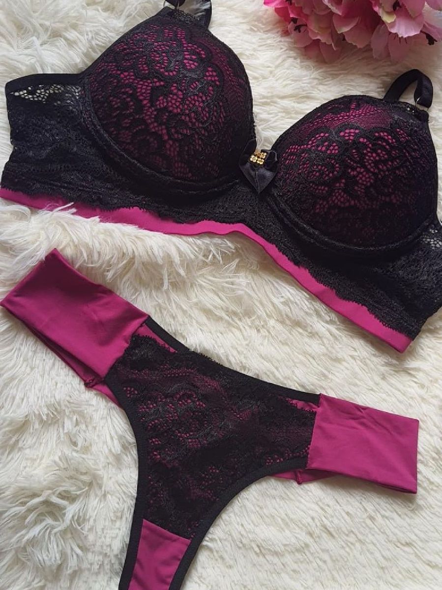 Conjunto De Lingerie Preto Rosa Lingerie Feminina Nunca Usado