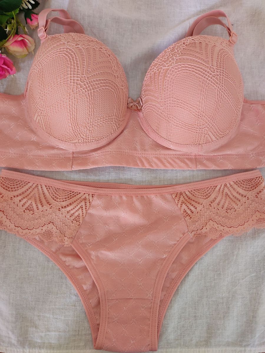 Conjunto de Lingerie Salmão Lingerie Feminina Luna Moda Intima Nunca