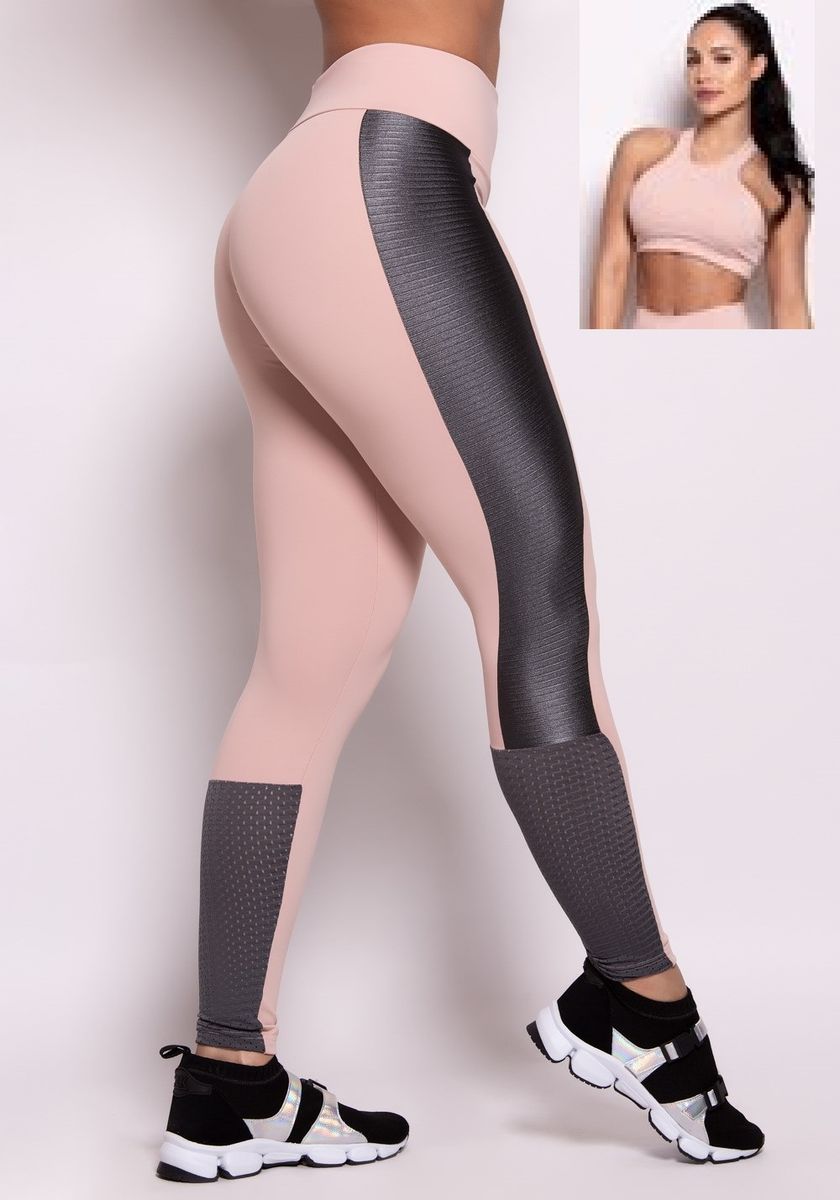 Conjunto Fitness Cal A E Top Poliamida Nude Cinza Recortes Tela Cal A