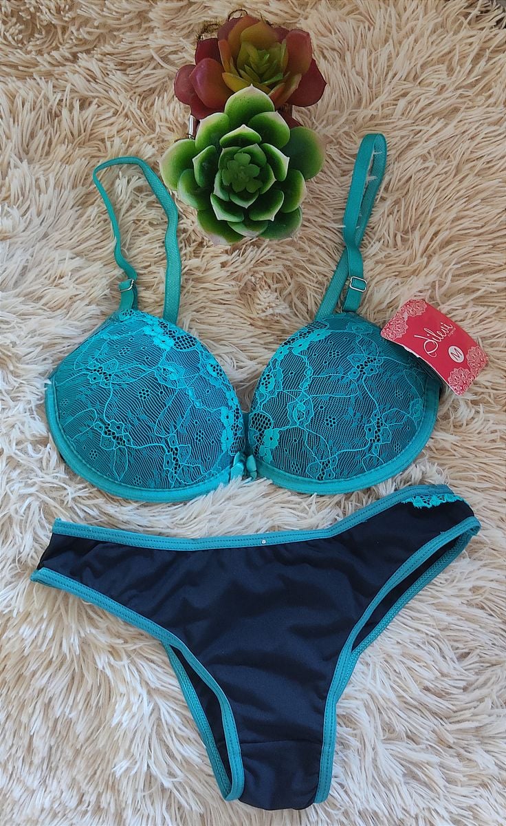 Conjunto Lingerie Feminino Verde Preto E Renda Tam M Luxo