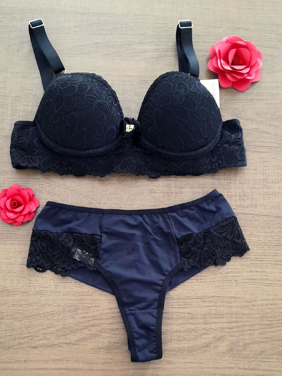 Conjunto Lingerie Preto Suti Bojo E Calcinha Fio Cintura Alta Moda