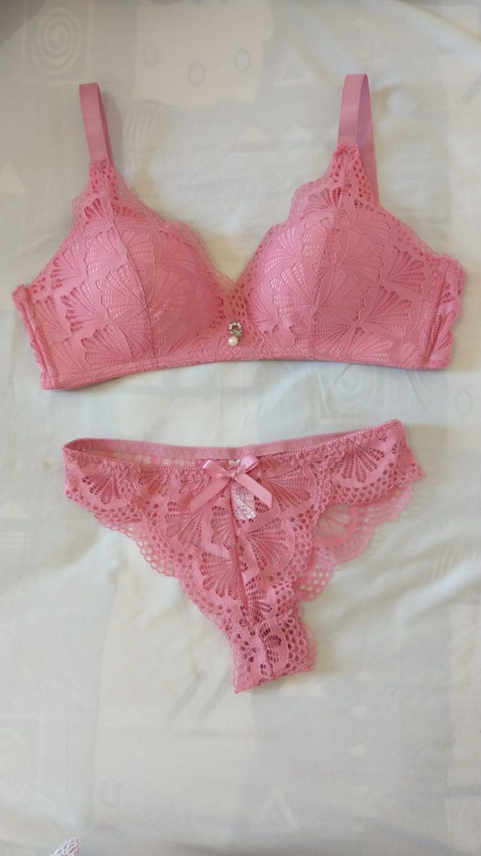 Conjunto Lingerie Rosa De Renda Calcinha E Suti Lingerie Feminina