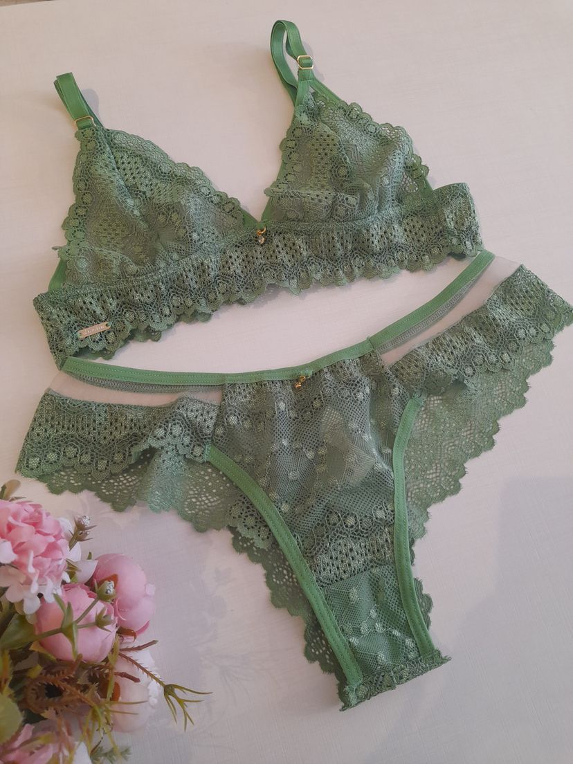 Conjunto Lingerie Sem Bojo Sem Aro Rendado Tule Verde Lingerie