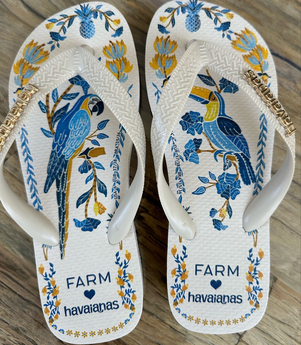 Havaiana Farm Branco Marca Em Relevo Dourado Rasteira Feminina