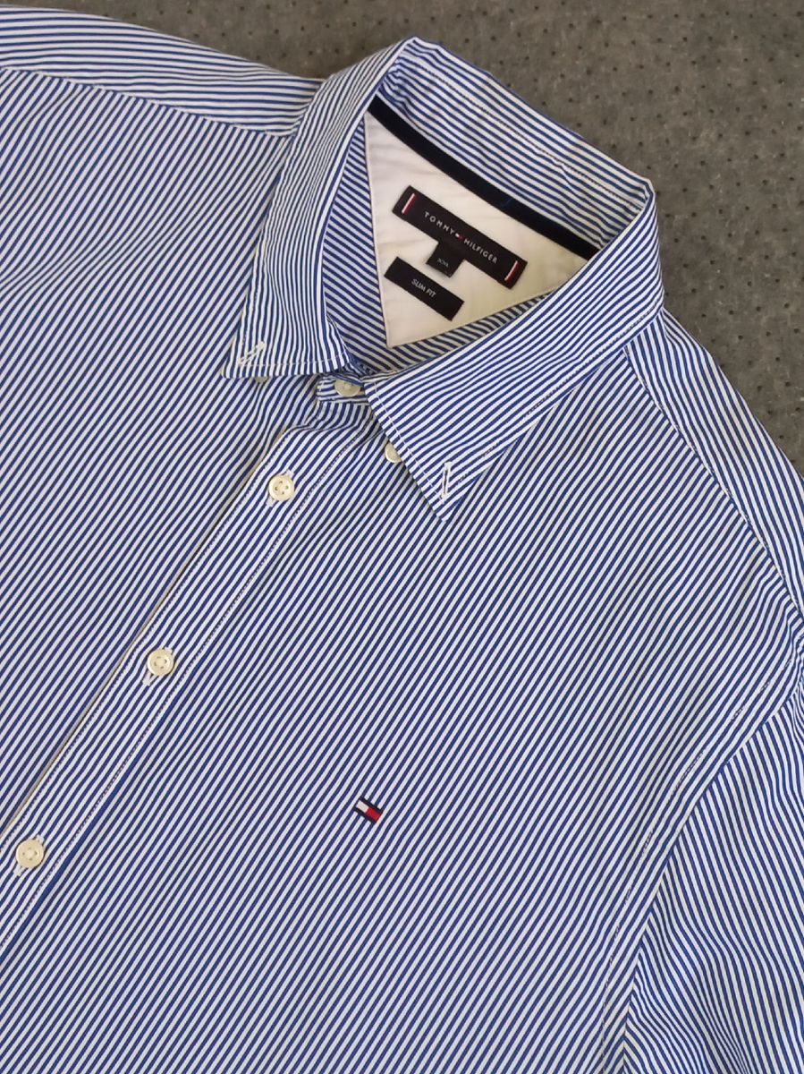 Impecável Camisa Tommy Hilfiger Social Masculina Azul Riscadinha