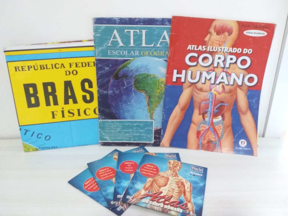 Kit Atlas Escolar Geográfico e Corpo Humano Mapa Grande e 4 Dvds