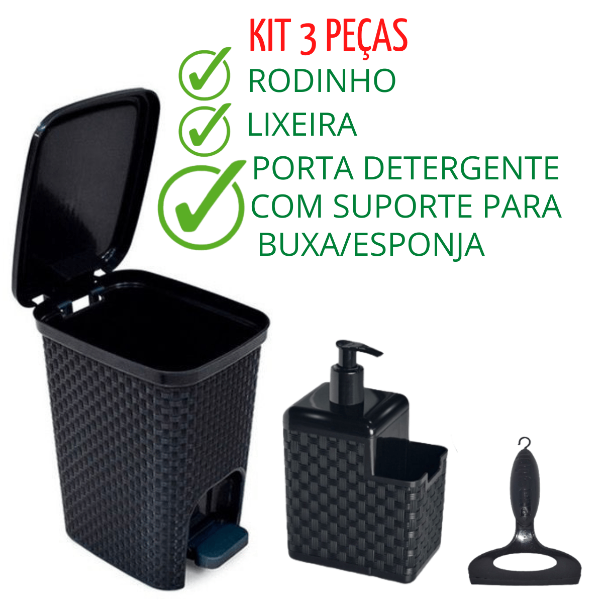 Kit Lixeira Rattan 7 Litros Preta C Pedal Retratil Porta Detergente