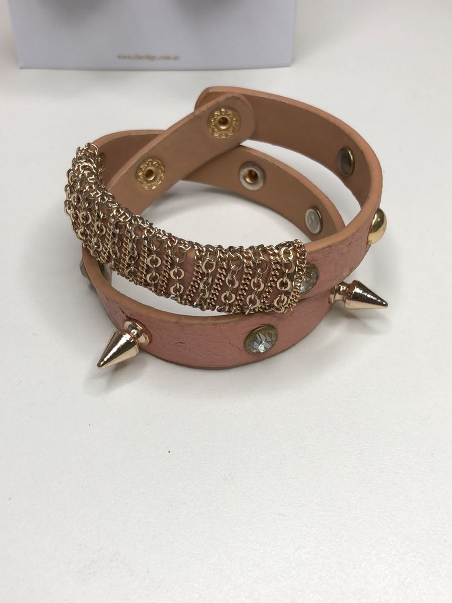 Pulseira Couro Sint Tico Nude Detalhes Em Spikes E Pedras