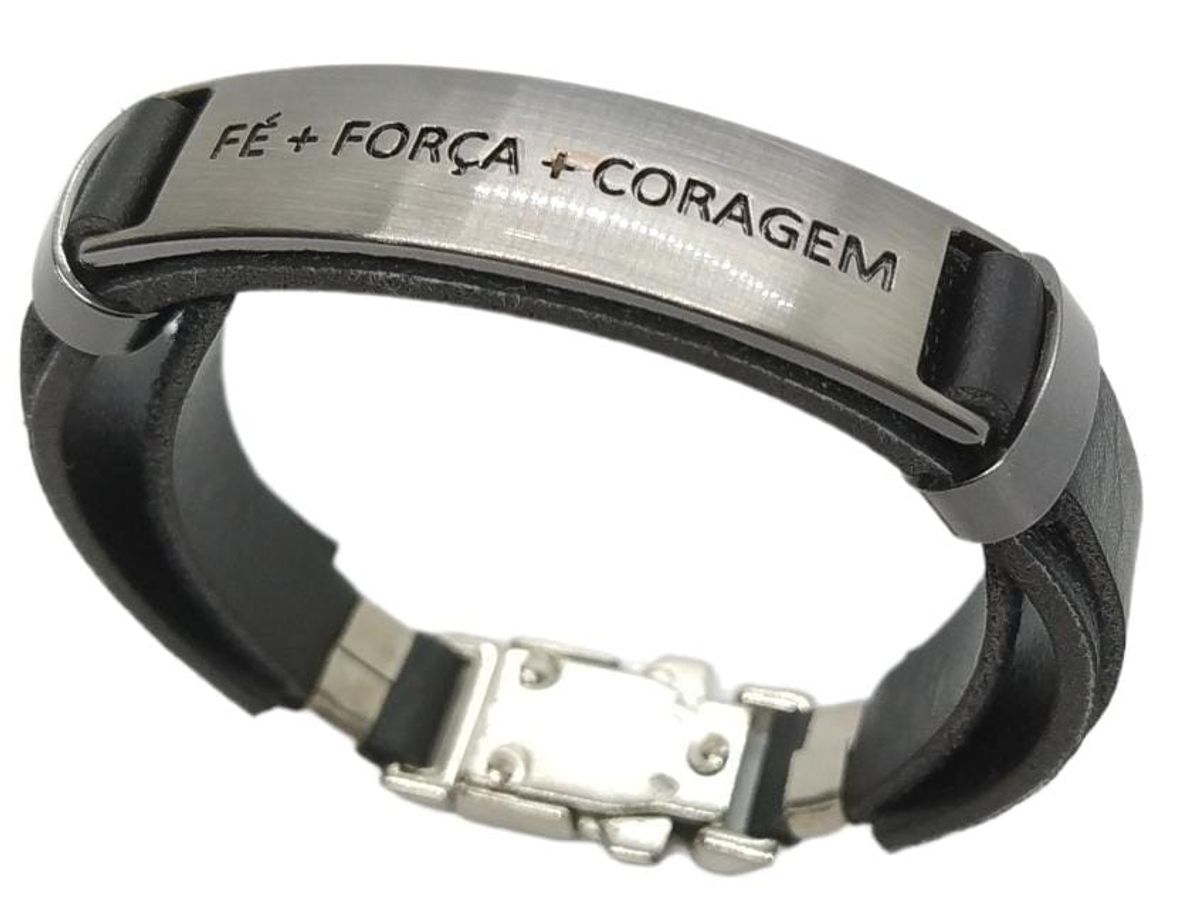 Pulseira Masculina Couro Preto Placa Cromado Foco For A E Coragem