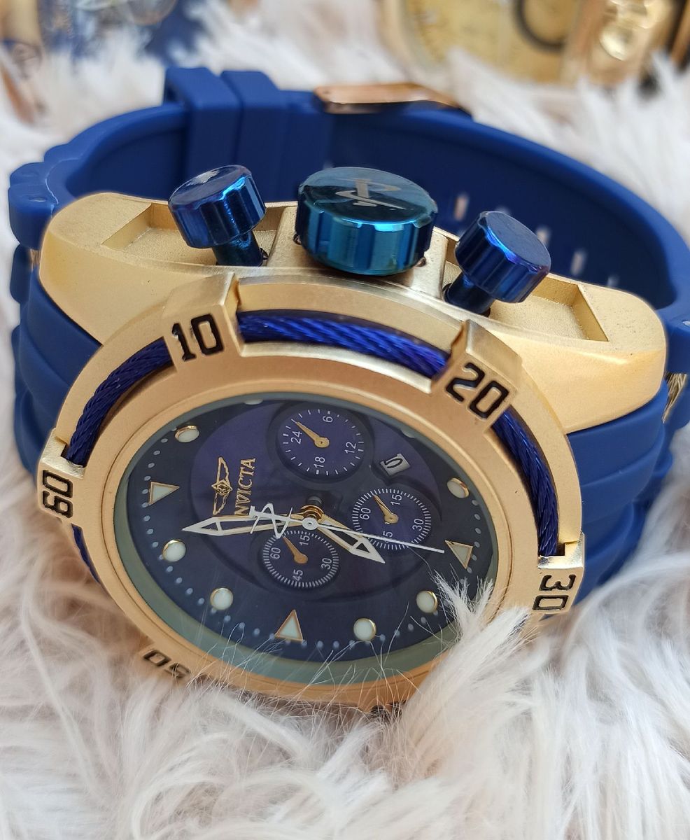 Rel Gio Invicta Zeus Thunderbolt Dourado E Azul Pulseira Emborrachada