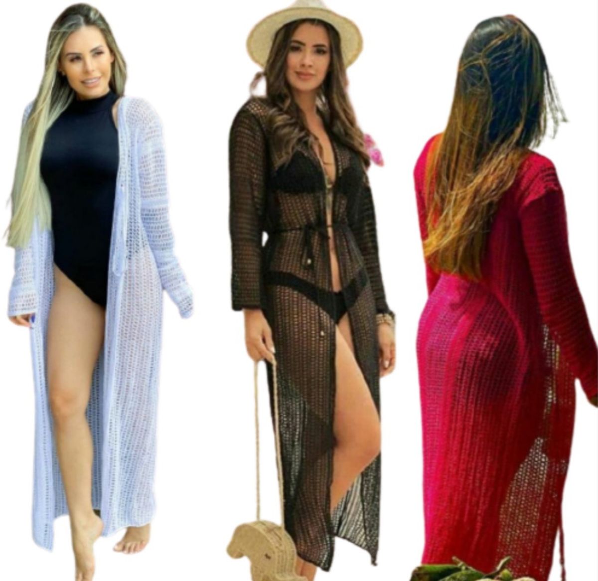 Saída de Praia Feminina Tricot Manga Longa Kimono Cordinha Moda