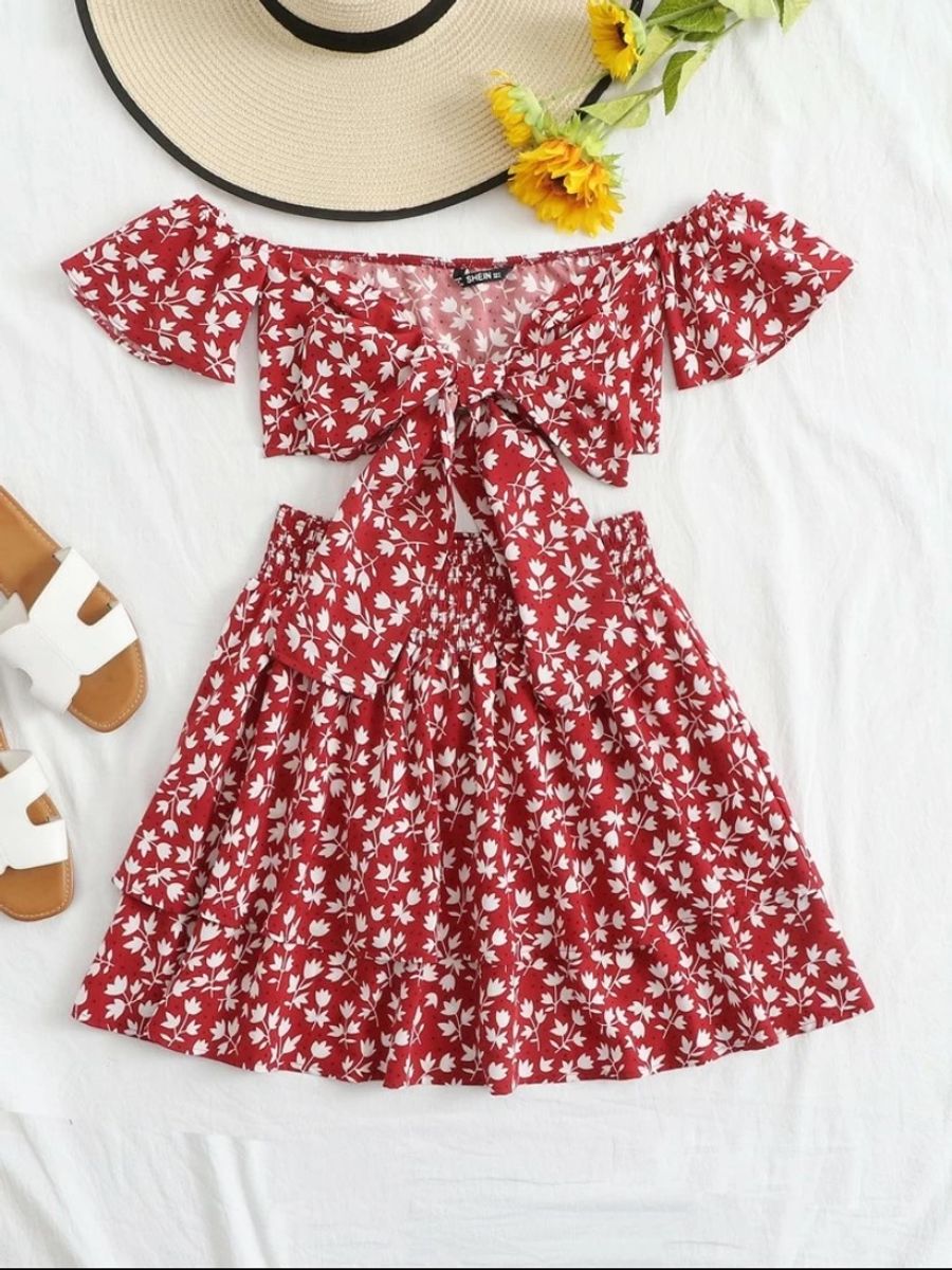 Shein Novo Conjunto Vermelho Floral 2 Peças Tamanho G Saia