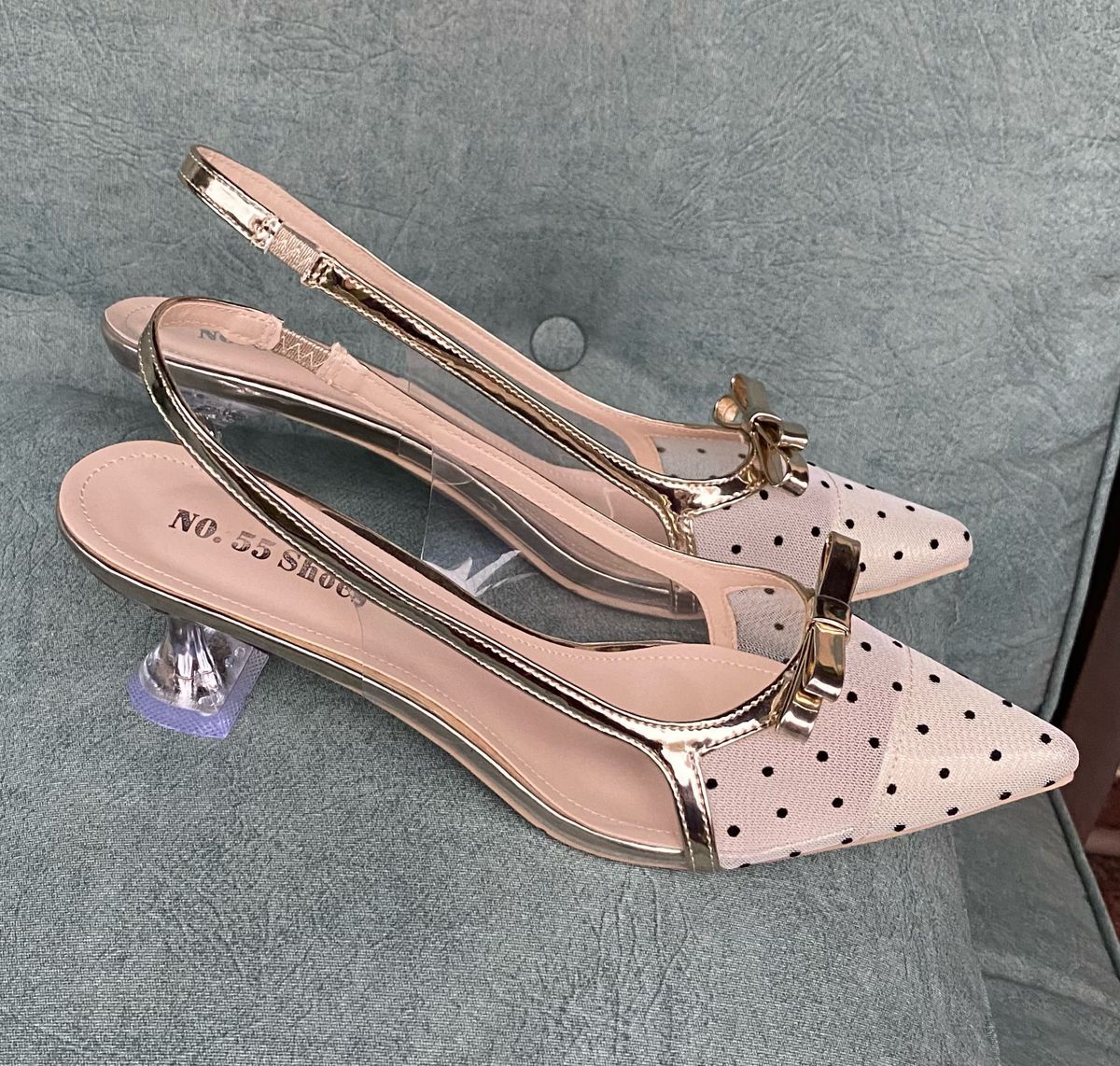 Slingback Importado Dourado e Nude Salto Cristal Espetáculo