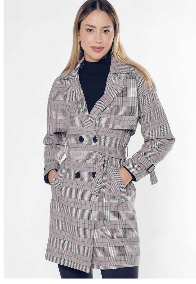 Sobretudo Trench Coat Cinza Xadrez Cinto Sob Casaco Feminino Sob