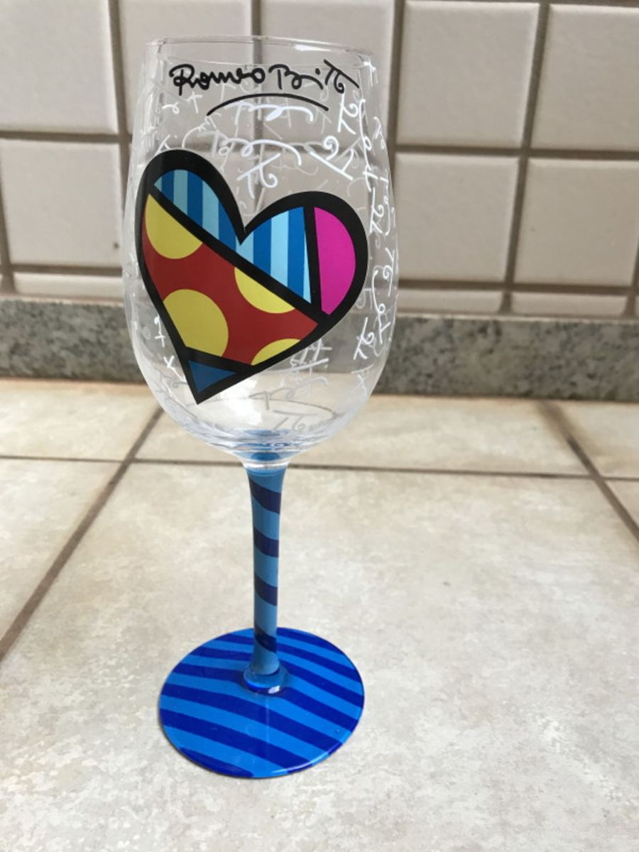 Taça Vinho Decorativa Romero Britto Original Azul Item de Decoração