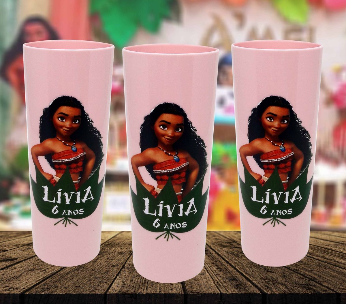 15 Long Drink Rosa Bebê Personalizado - Moana Disney