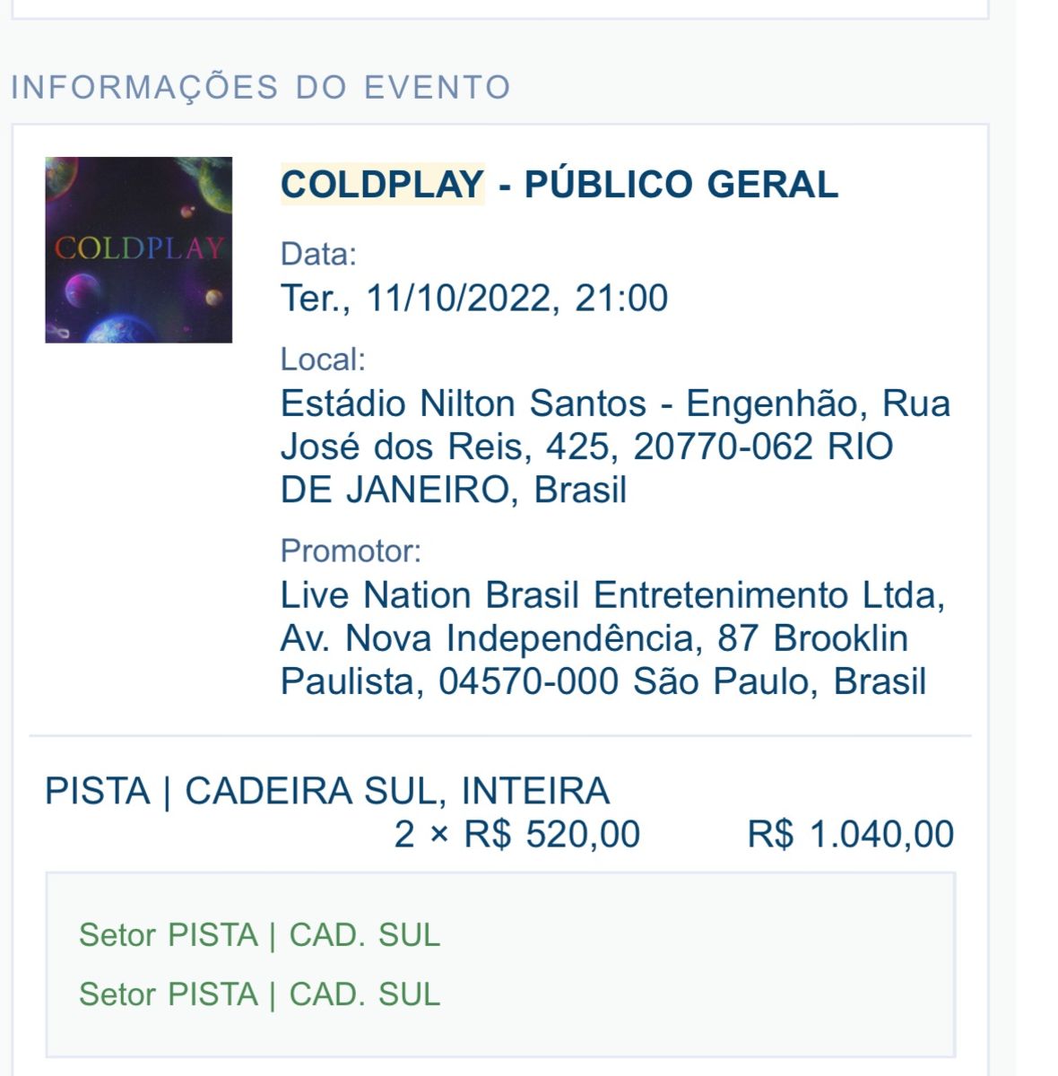 2 Ingressos Coldplay 11/10 Rio Cadeira Sul Inteira | Item De Música ...