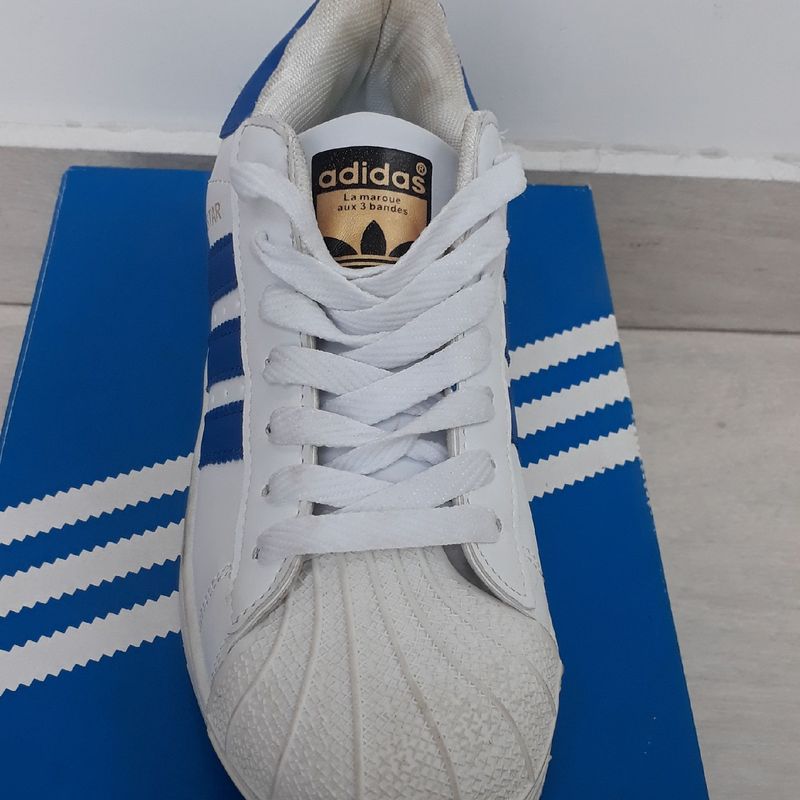 Adidas Super Star Branco com Listras Azuis, Tênis Feminino Adidas Usado  91473248