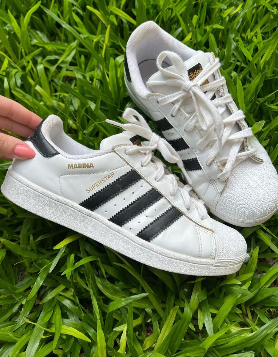 Adidas Super Star Branco com Listras Azuis, Tênis Feminino Adidas Usado  91473248