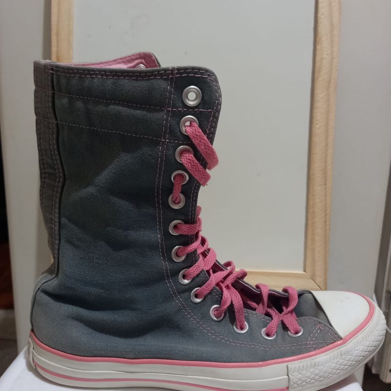 All Star Converse 38 Cano Longo Cinza com Detalhes e Cadarço Rosa