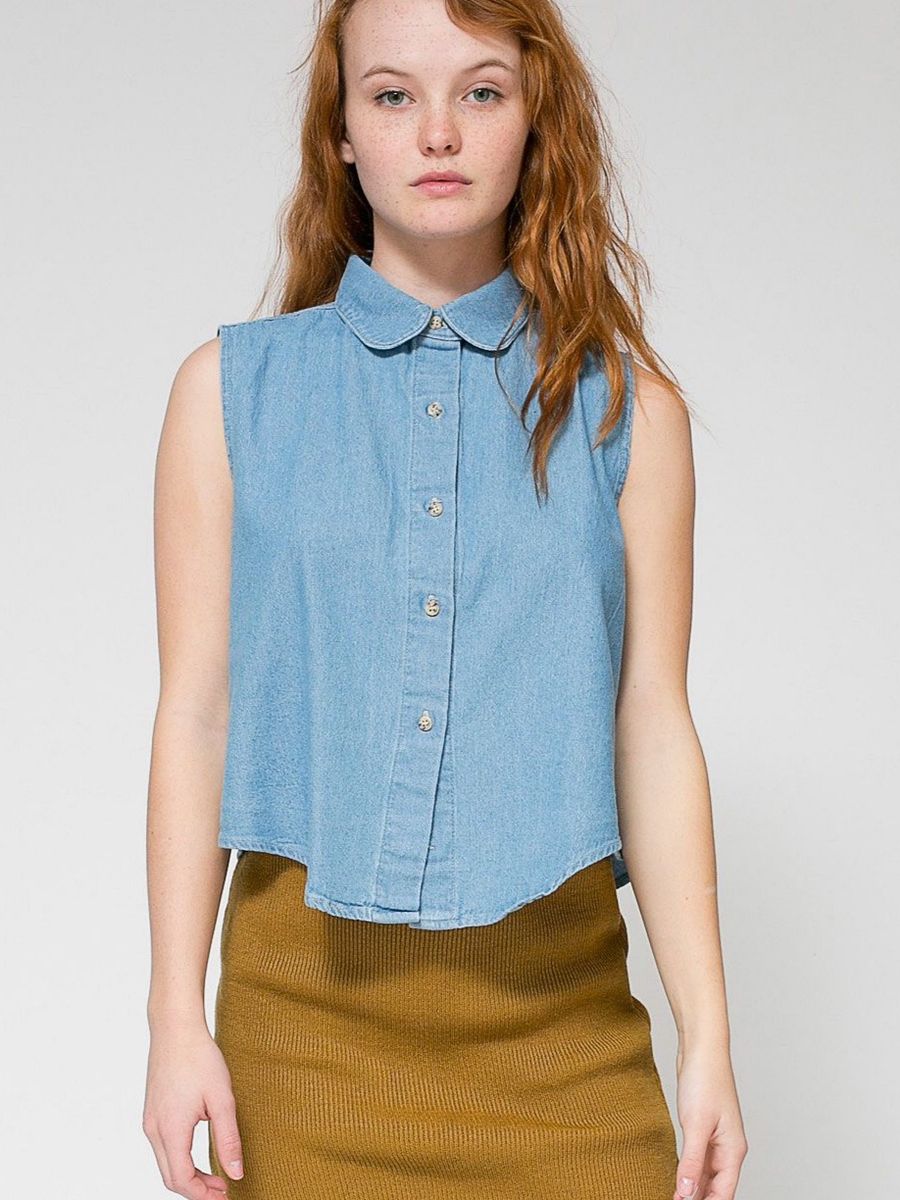 american apparel denim sleeveless crop button-up regata camisa jeans - blusas american apparel