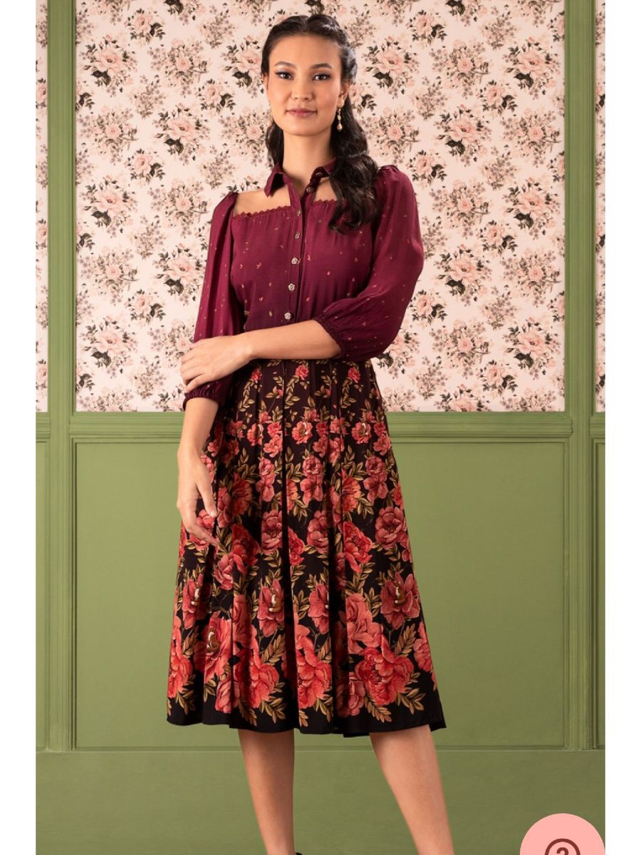 Antix Midi Colorada Flor Vinho | Vestido Feminino Antix Nunca Usado ...