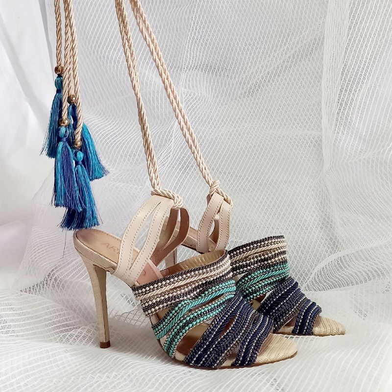 Arezzo Sand lia Salto Alto Fino Festa Tassel Azul Bege Tiras Cordas Sand lia Feminina Arezzo Usado 79131941 enjoei