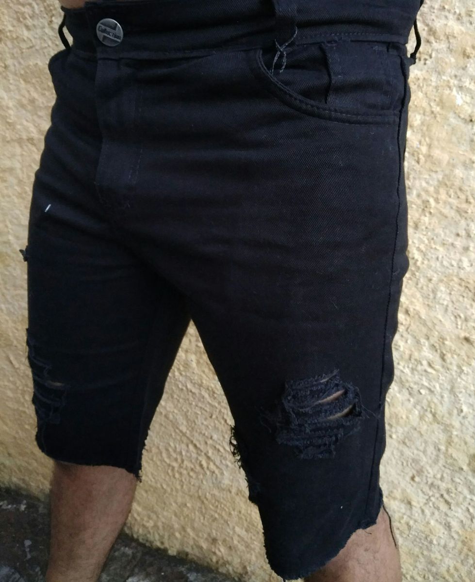 bermuda jeans masculina rasgado preto