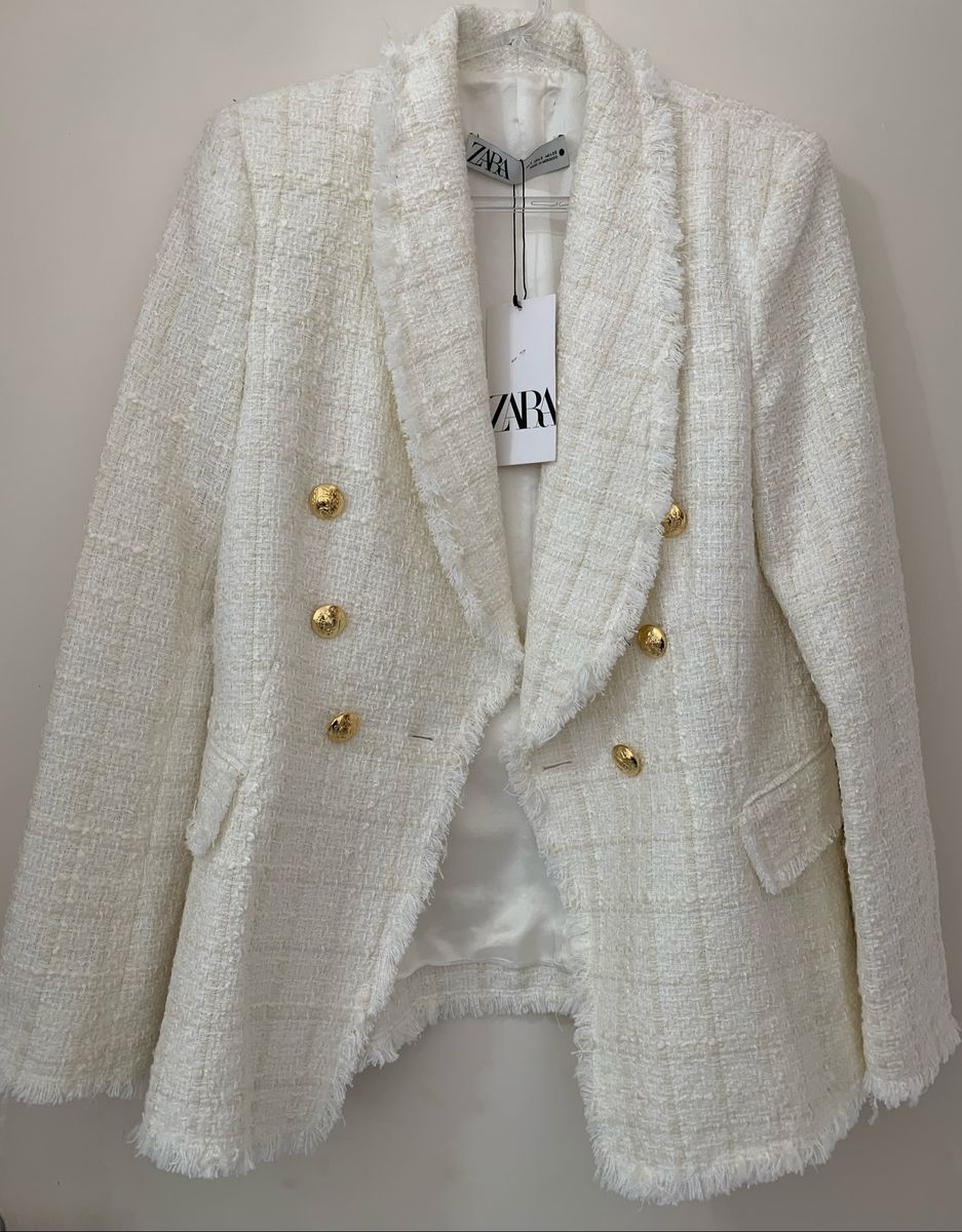 Blazer Oversized de Tweed Off White Zara Casaco Feminino Zara Nunca