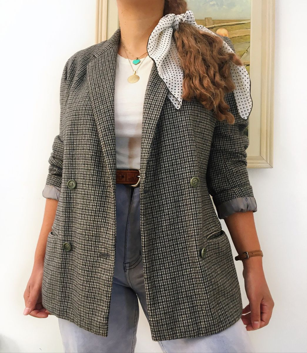 Veste Blazer Vintage Pied De Poule Années 80 - Gaston Jaunet, Soie & Laine, Taille XL - État 8.5/10