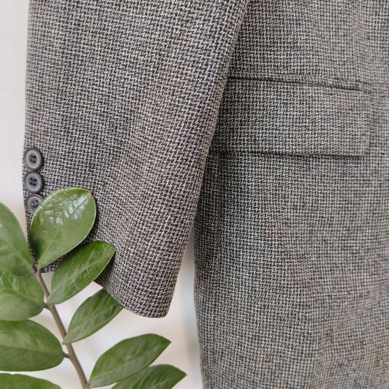 Blazer Curto em Tweed com Estampa Xadrez Pied-de-poule e Manga Bufante Bege