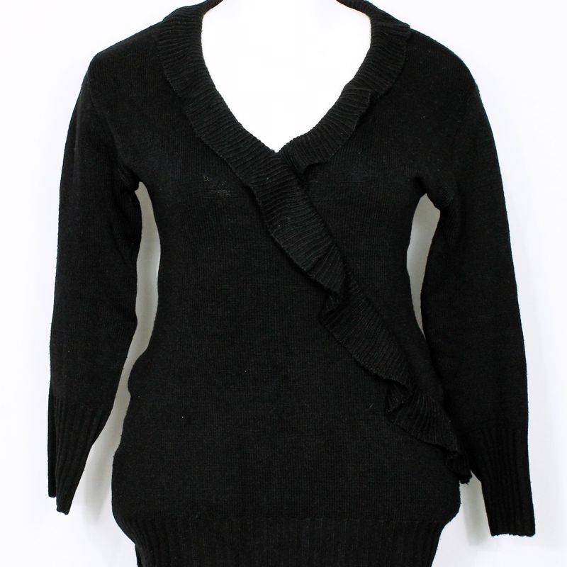 Blusa Alongada de Tricô Lã Inverno Preto com Babado Plus Size