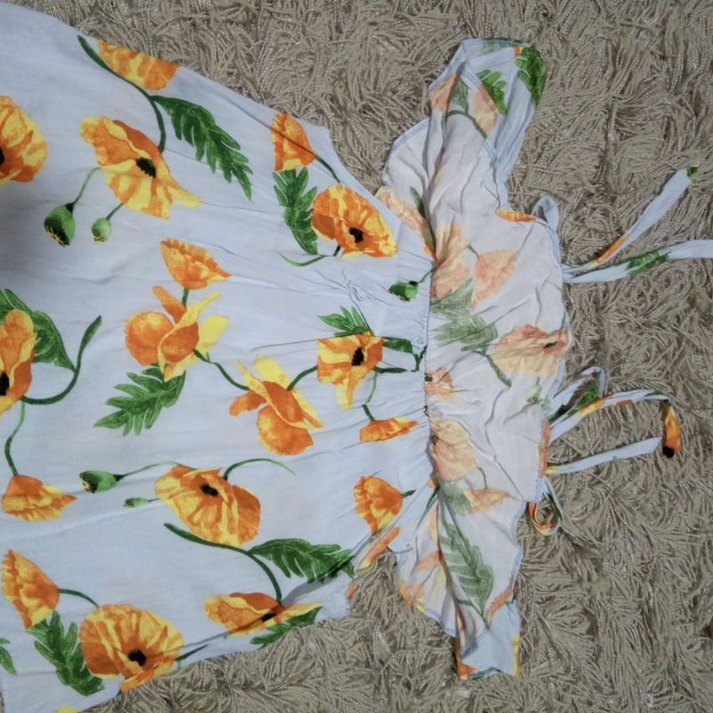 Blusa Azul C Estampa de Flores Ombro a Ombro C Babado e Al a em