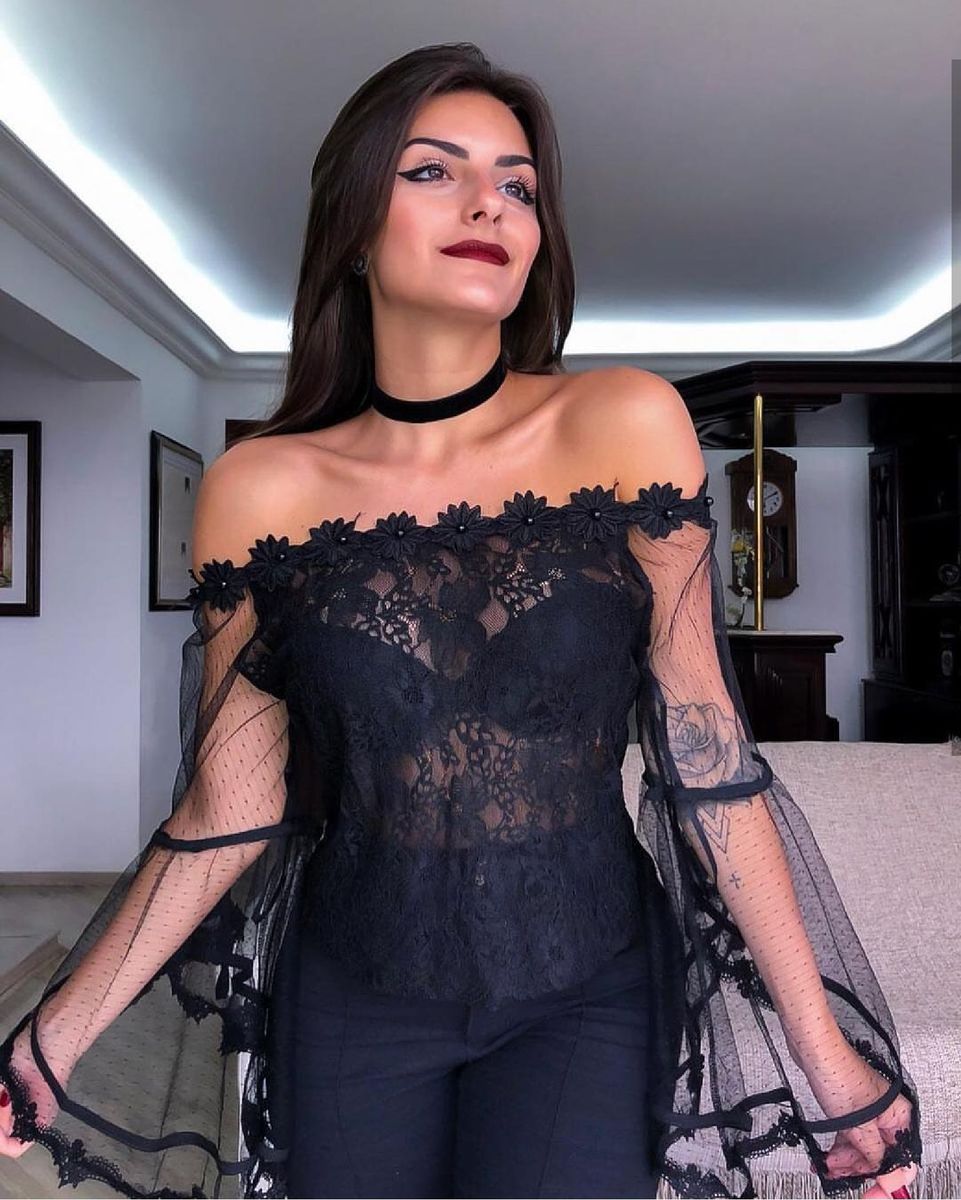 blusa bata preta renda - blusas importado