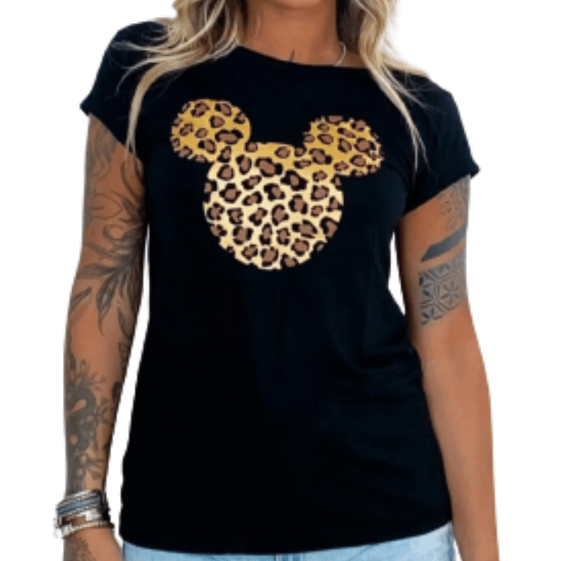 T-SHIRT MICKEY ROSTO ONCA E STRAS - PRETO, Atacado Tshirt