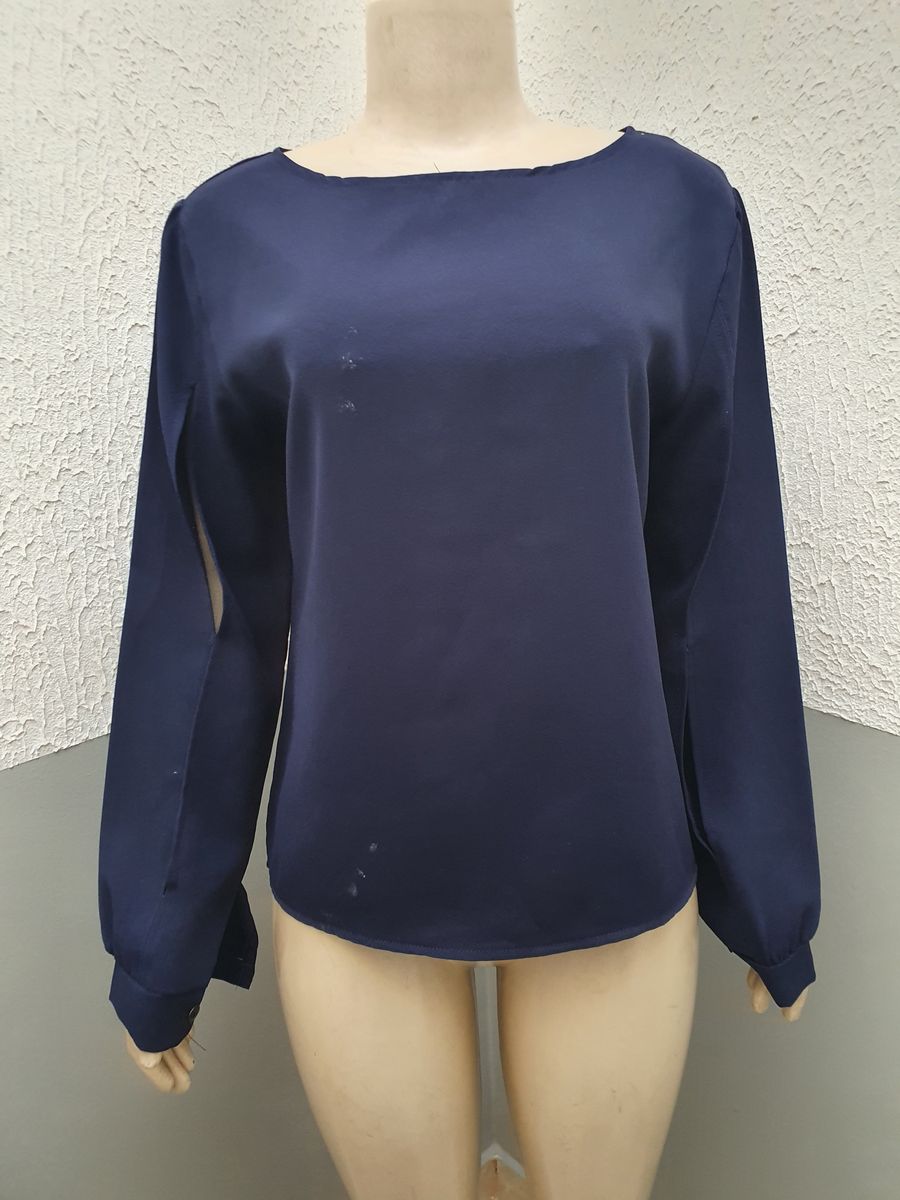 Blusa Camisa Manga Longa Vazada Azul Marinho Shein