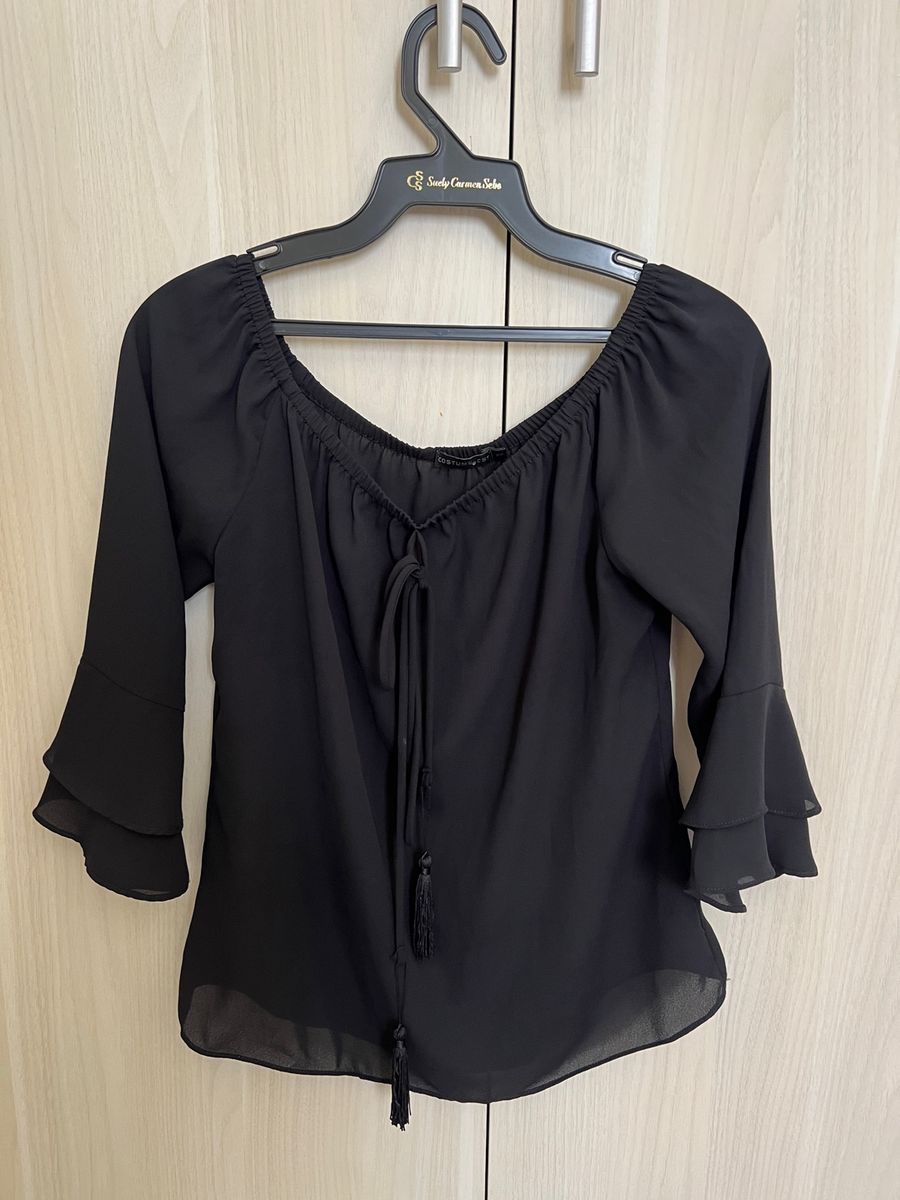 Blusa Chique Preta de Manga 3 4 com El stico No Ombro Blusa